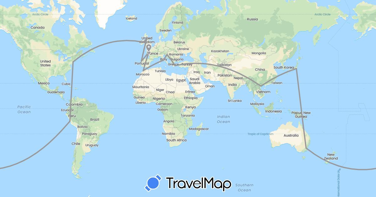 TravelMap itinerary: driving, plane in Australia, France, United Kingdom, Greece, Croatia, Ireland, Italy, Japan, Morocco, Peru, Portugal, United States, Vietnam (Africa, Asia, Europe, North America, Oceania, South America)